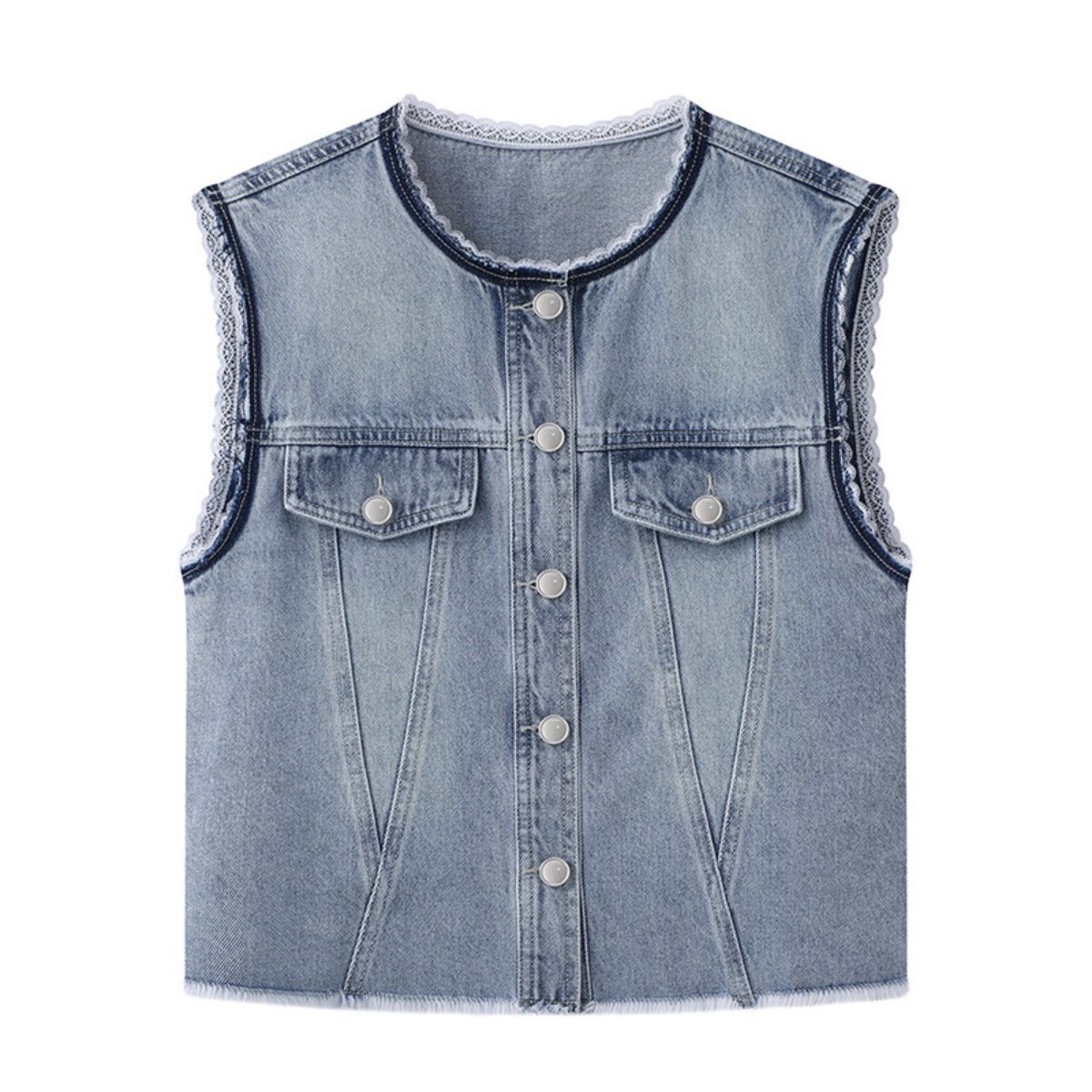 Lace-Trim Raw-Hem Denim Vest