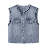 Lace-Trim Raw-Hem Denim Vest