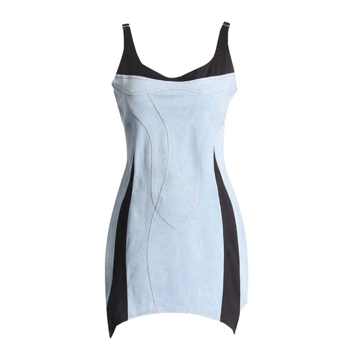 Asymmetrical Hem Two-Tone Denim Mini Dress