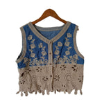 Floral-Embroidered Cut-Out Denim Vest