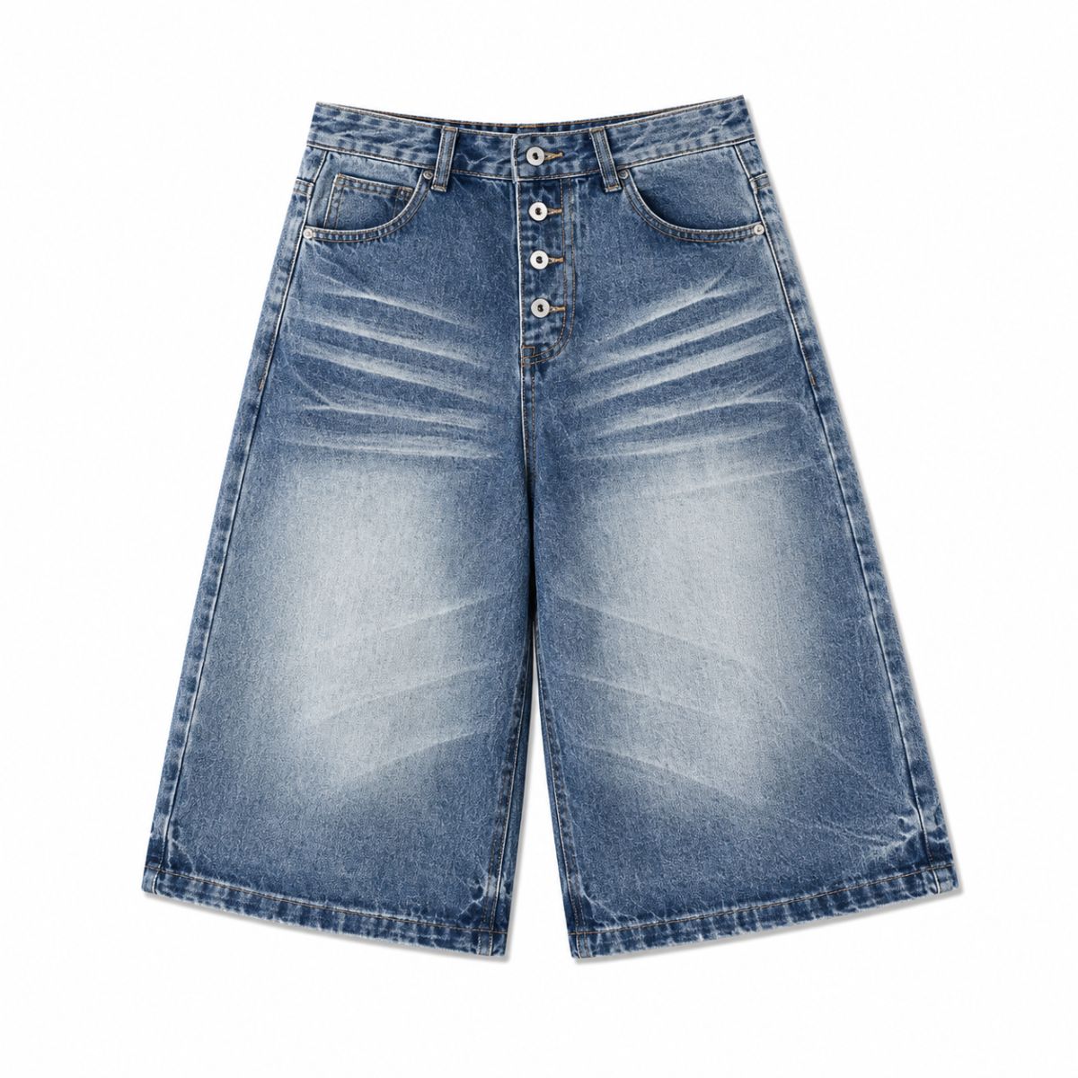 Stretch Whiskered Wide Leg Denim Shorts