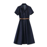 Short-Sleeve Belted Denim Knee-Length Shirtdress