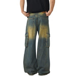 Vintage Washed Pleated Knee Cargo Jeans