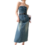 Vintage Wash Denim Belted Strapless Midi Dress