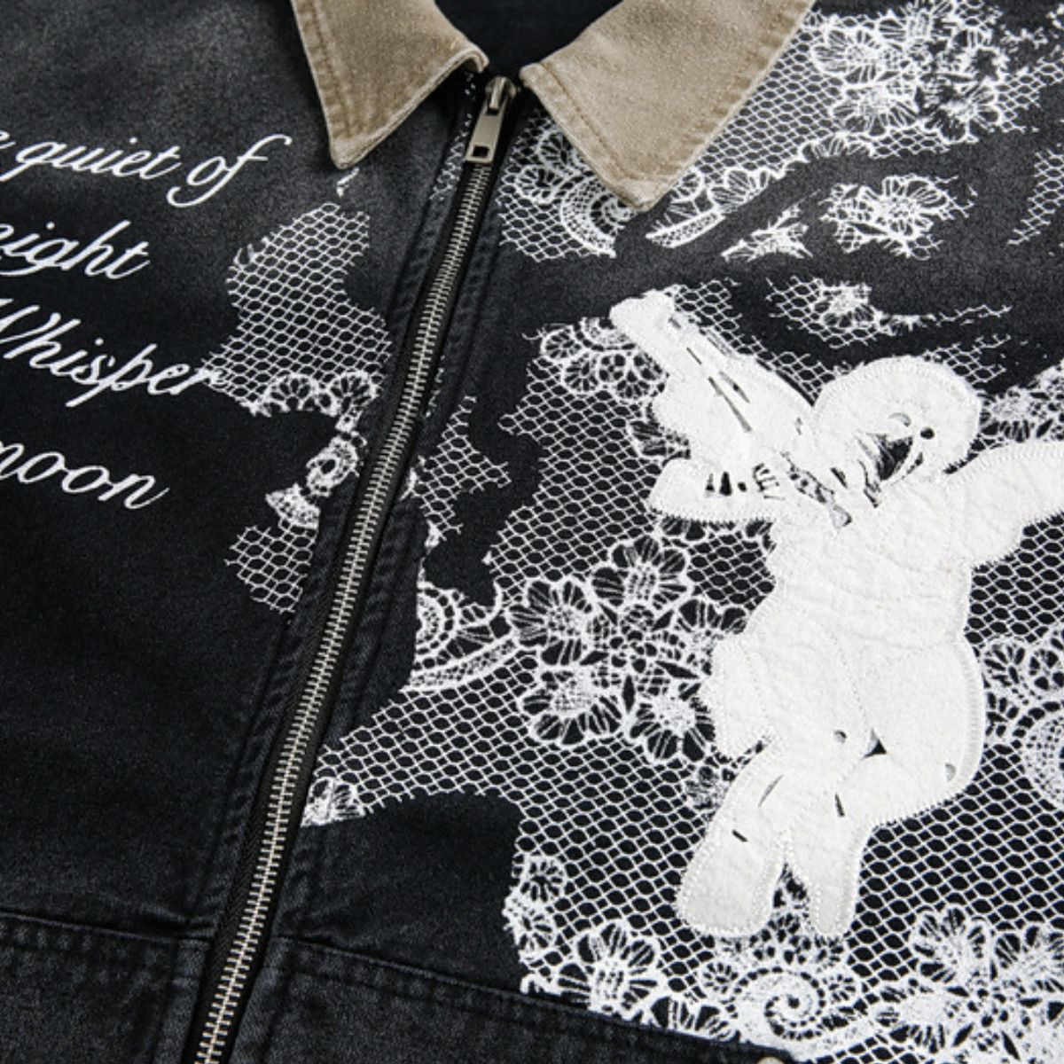 Retro Lace Patchwork Angel Pattern Casual Denim Jacket