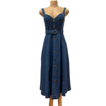 Button-Front Belted Denim Slip Midi Dress