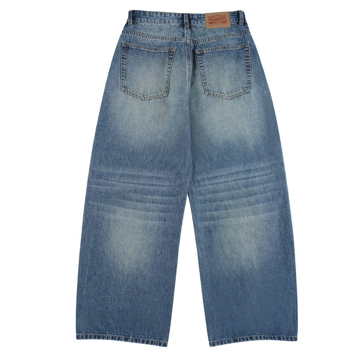 Faded Crackle Wash Baggy Curved Leg Denim Jeans