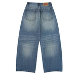 Faded Crackle Wash Baggy Curved Leg Denim Jeans