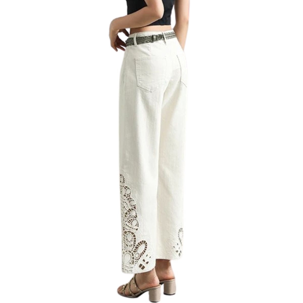 Wide Leg Embroidered Cut-Out Ankle Jeans