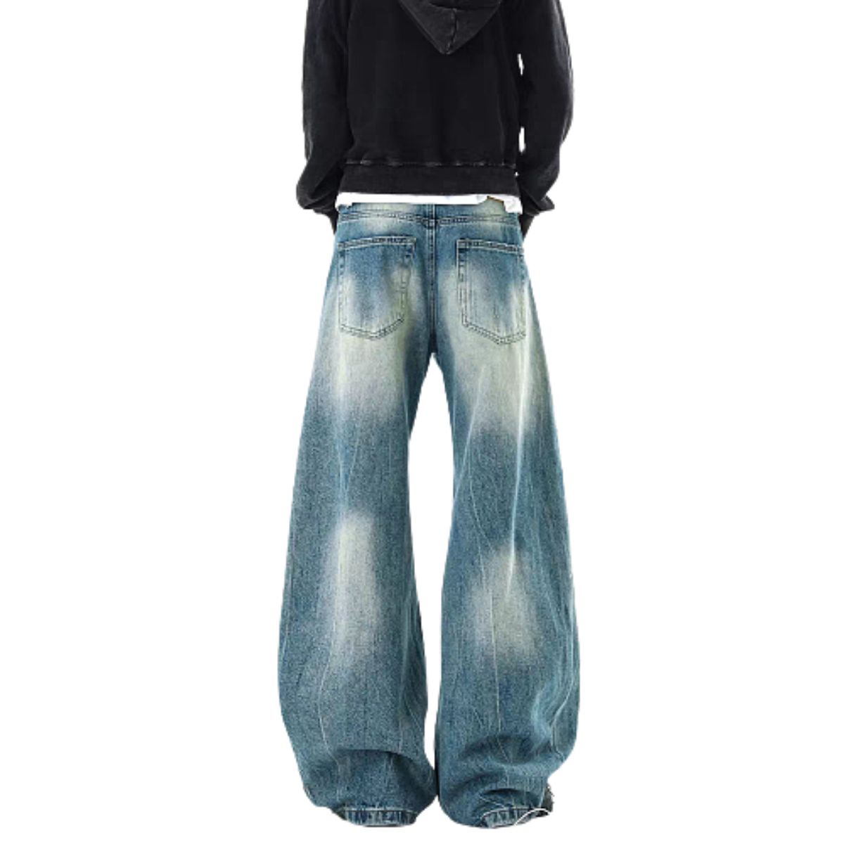 Bleached Fade Curved Leg Baggy Denim Jeans