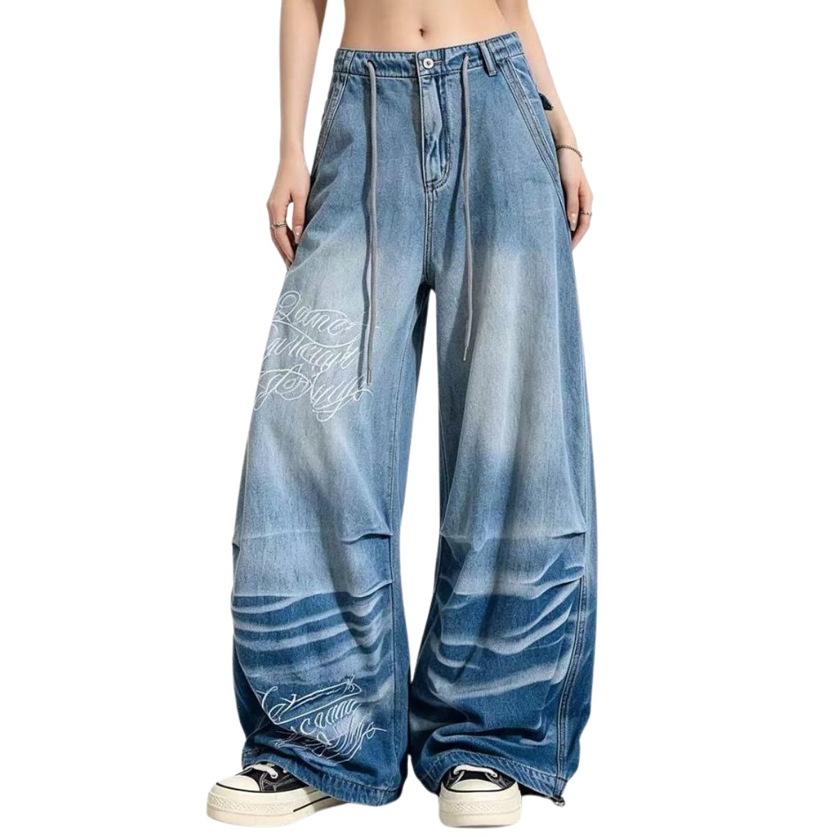 Washed Drawstring Wide Leg Denim Pants