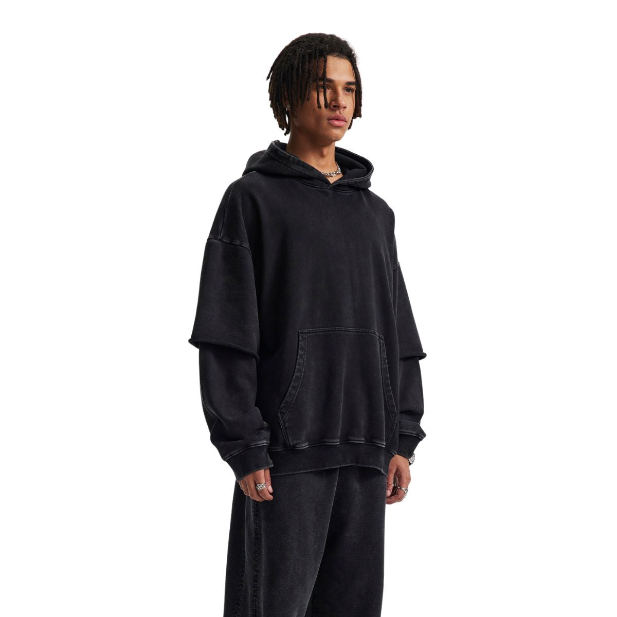 Stone-Washed Mock Two-Layer Hoodie