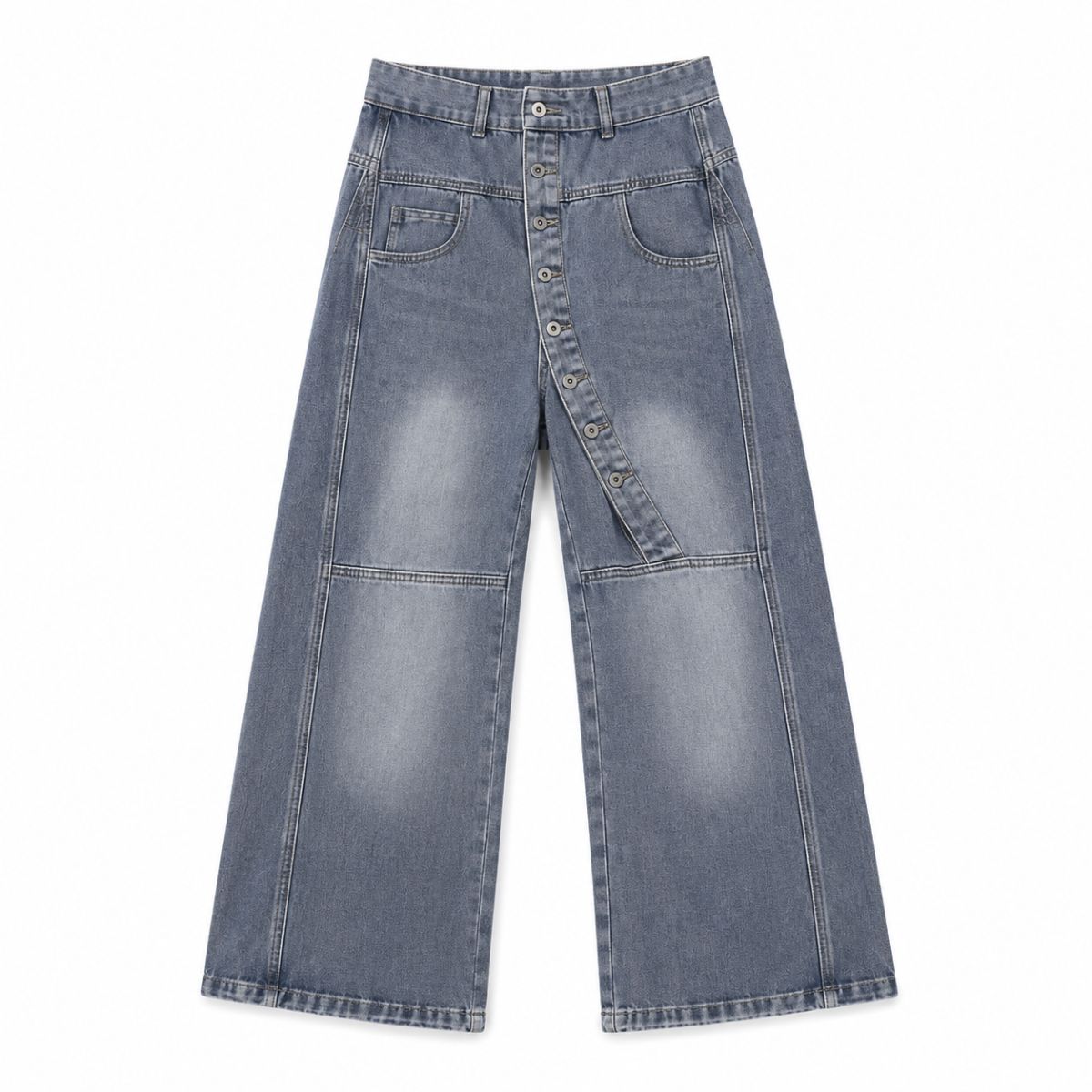 Asymmetric Button Curved Seam Wide Leg Denim Jeans