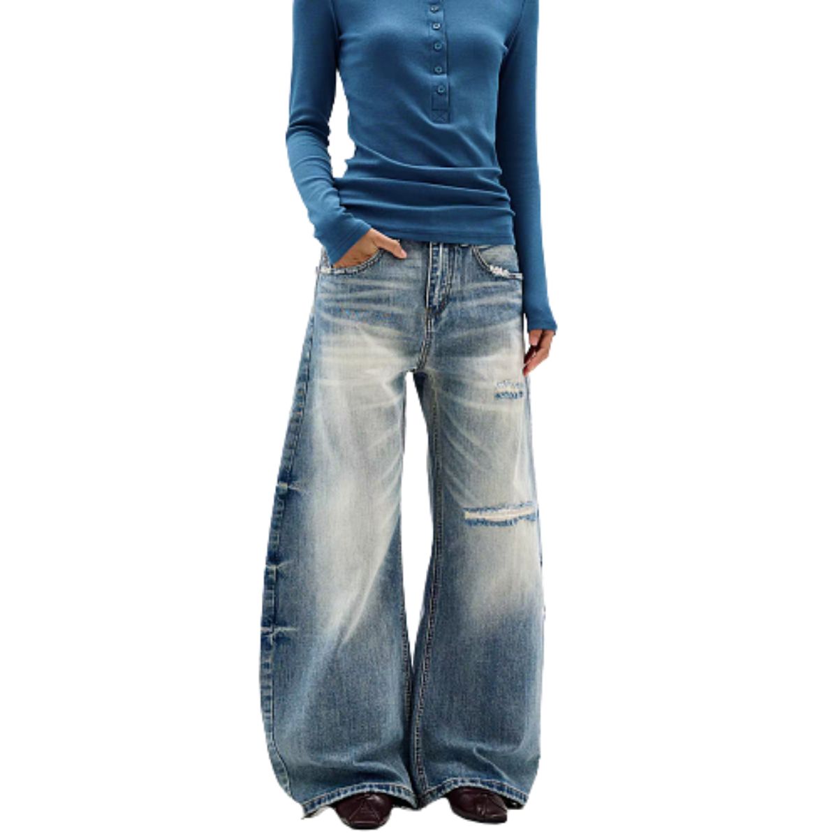Washed Gradient Distressed Curved Leg Wide Denim Jeans