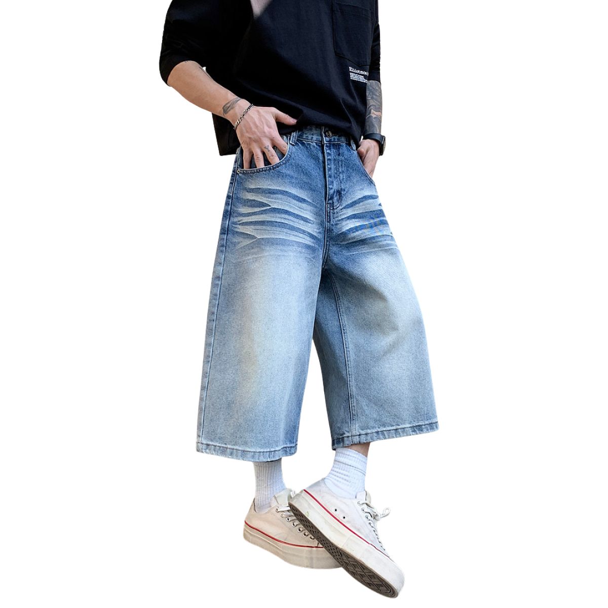 Vintage Wash Straight Leg Denim Shorts