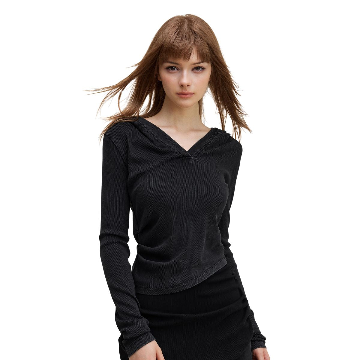 Ruched Fitted Long Sleeve Hoodie Top