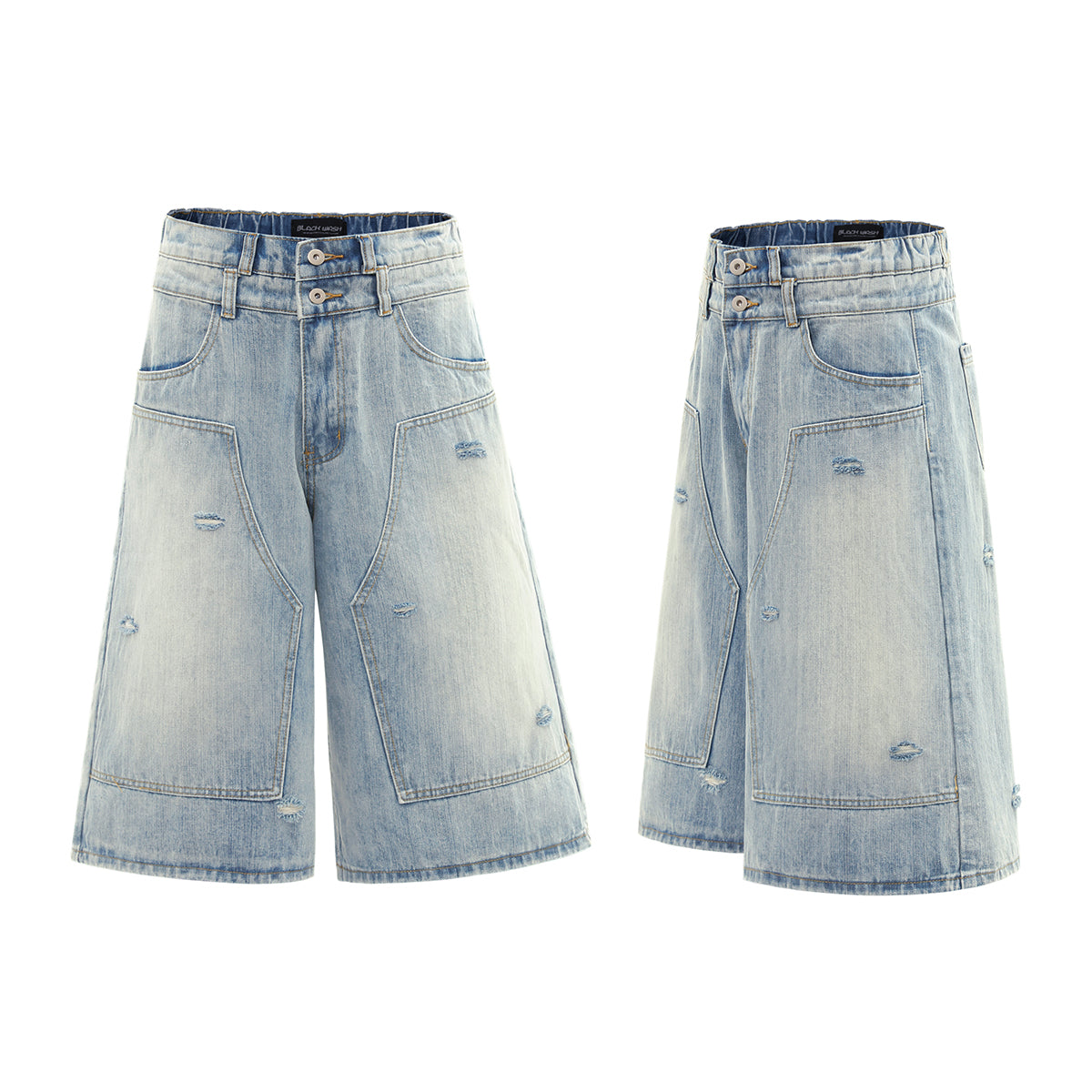 Double Waistband Distressed Denim Bermuda Shorts