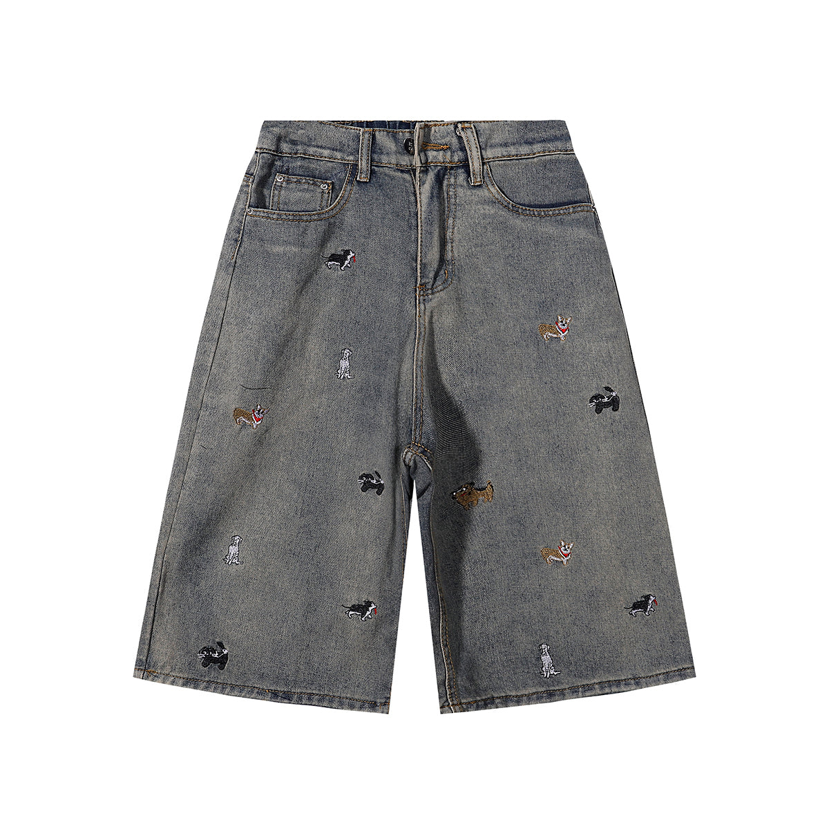 Dog Embroidery Design Vintage Washed Denim Shorts