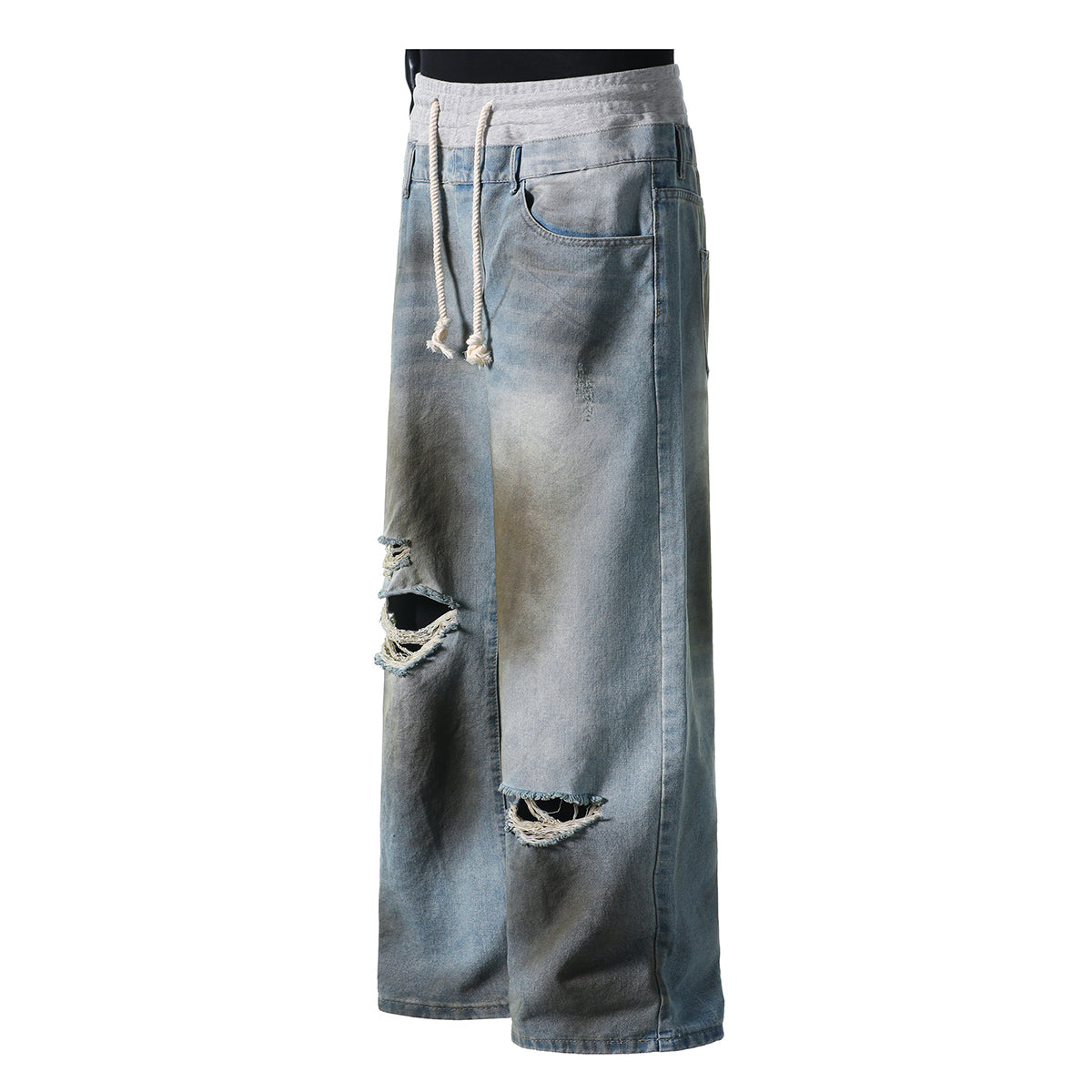 Vintage Wash Double-Waistband Ripped Jeans