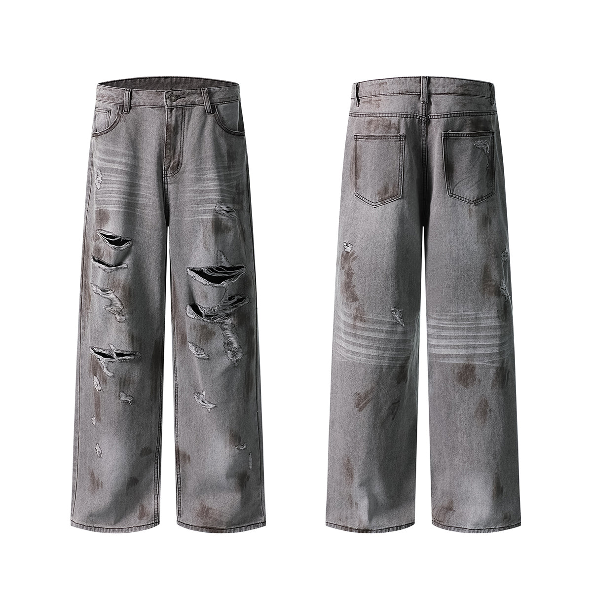 Baggy Fit Distressed Grey Ripped Jeans