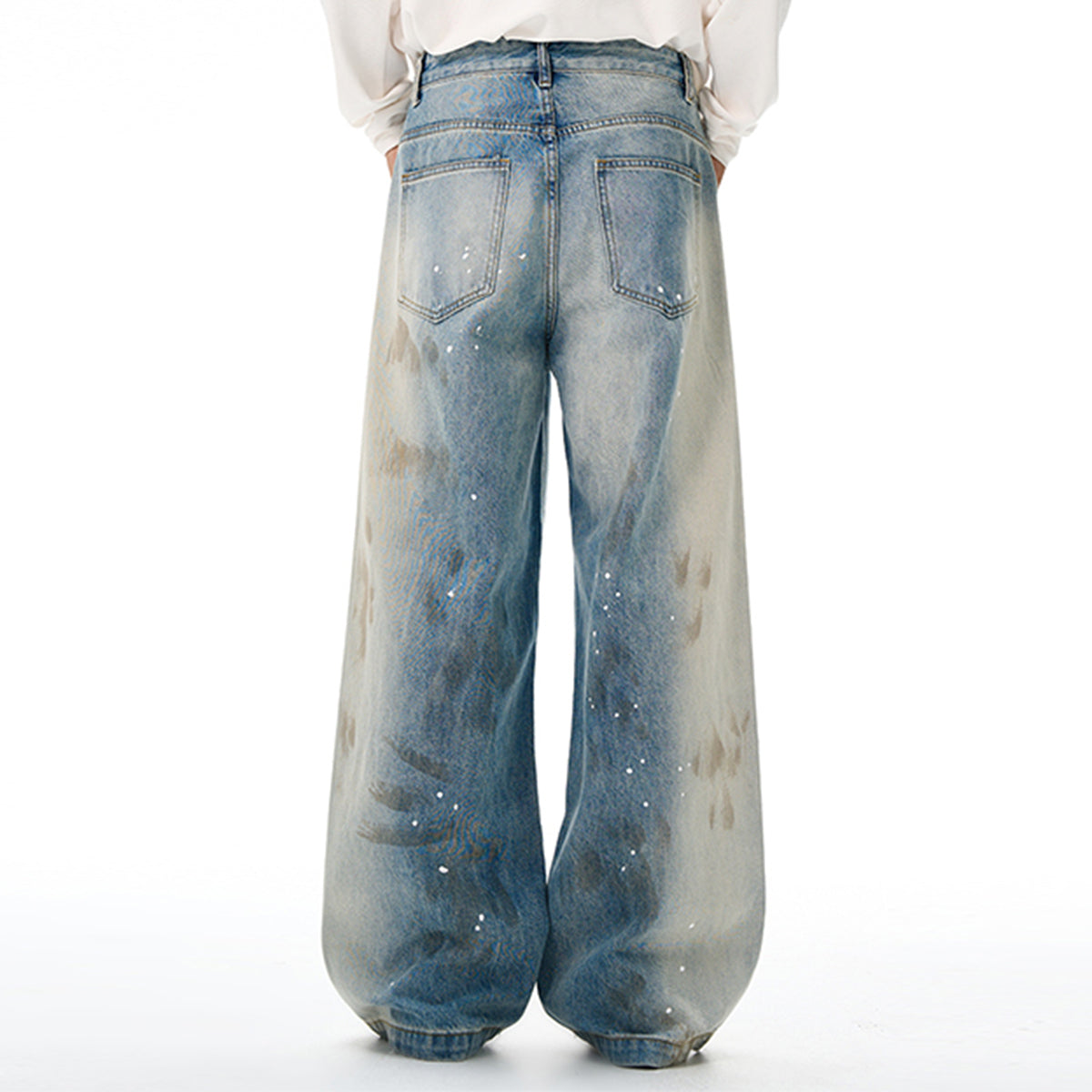 Paint Splatter Distressed Wide Leg Light Blue Jeans
