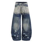 Paint Splatter Barrel Leg Denim Jeans with Rivet Details