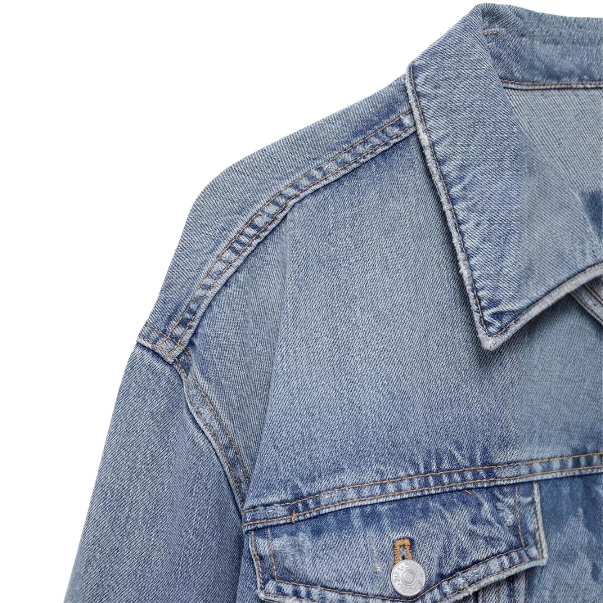Rhinestone Bow Back Washed Denim Trucker Jacket