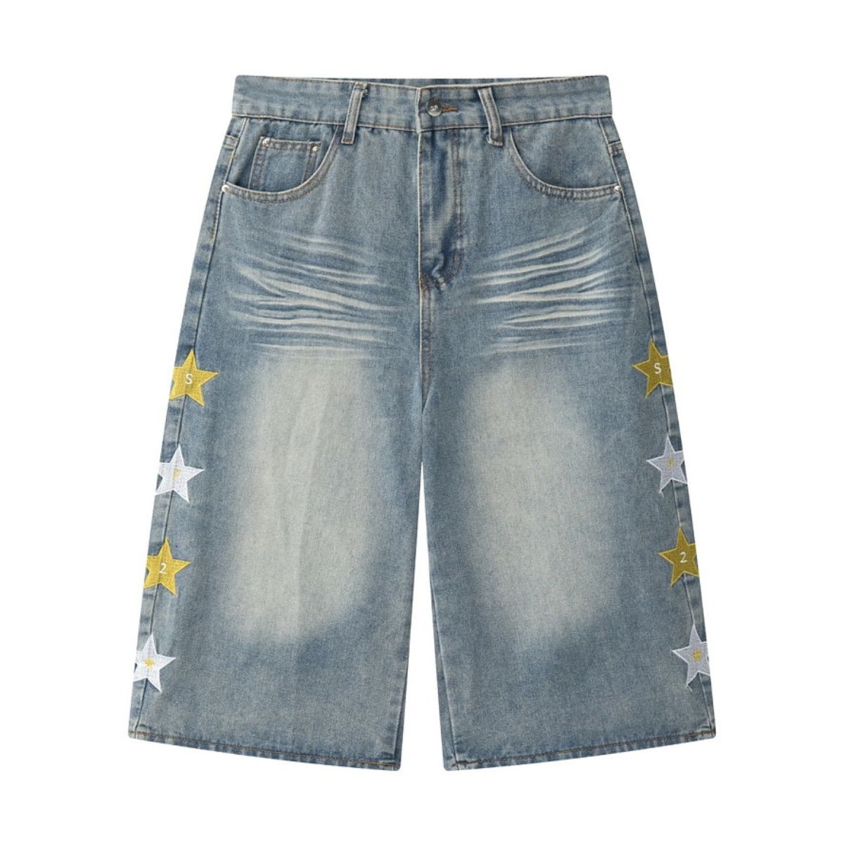 Star Print Washed Denim Capri Shorts