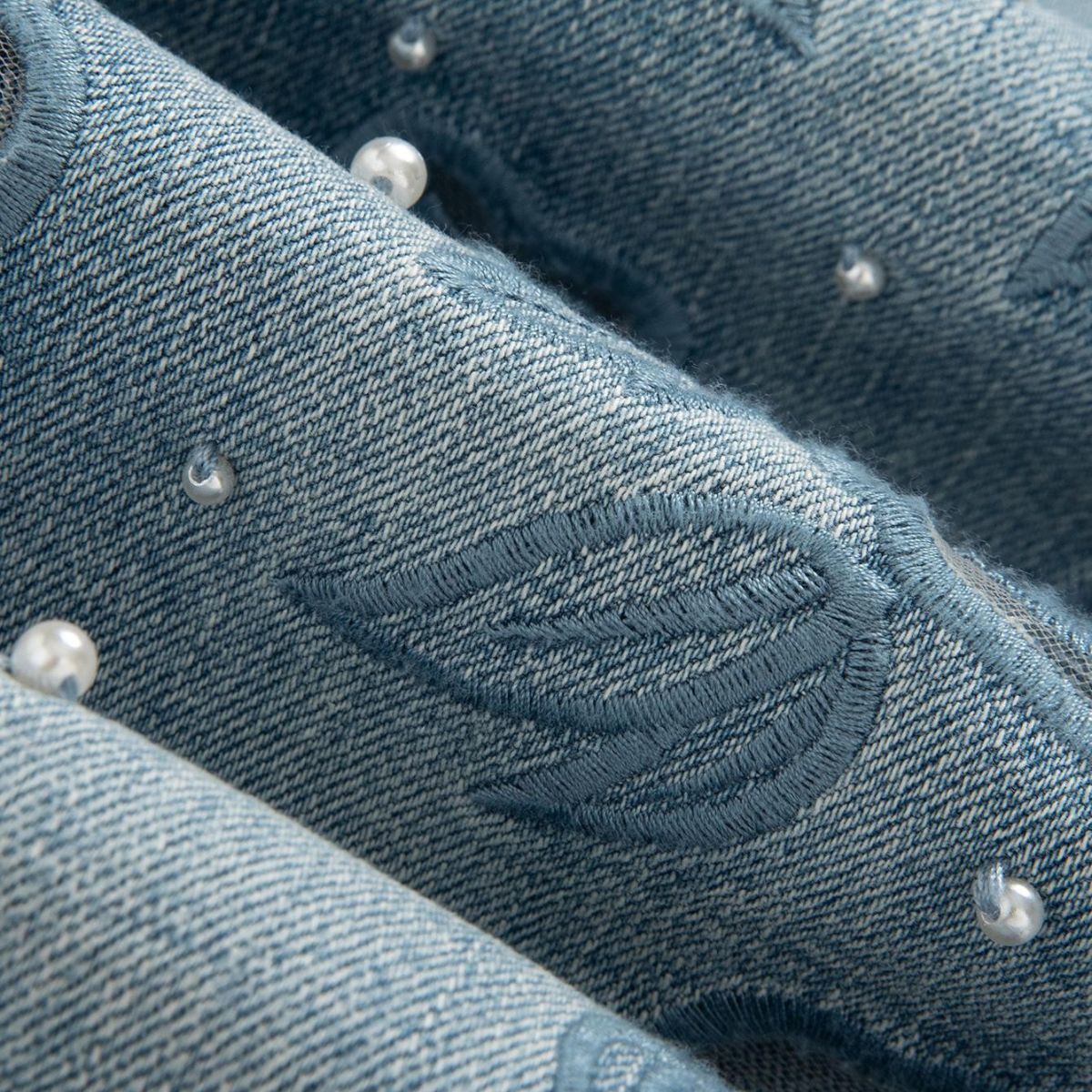 Rose Embroidered Lace-Cut Jeans with Pearl Beading