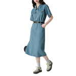 Short Sleeve Belted Midi Denim Shirtdress