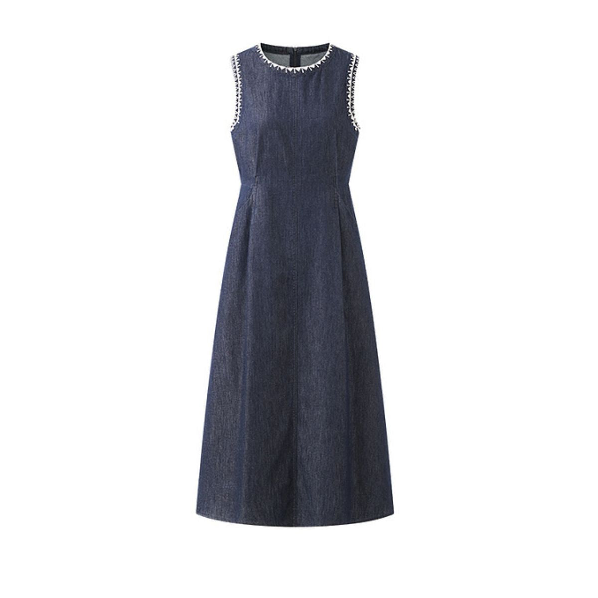 Sleeveless Embroidered Trim Denim Midi Dress
