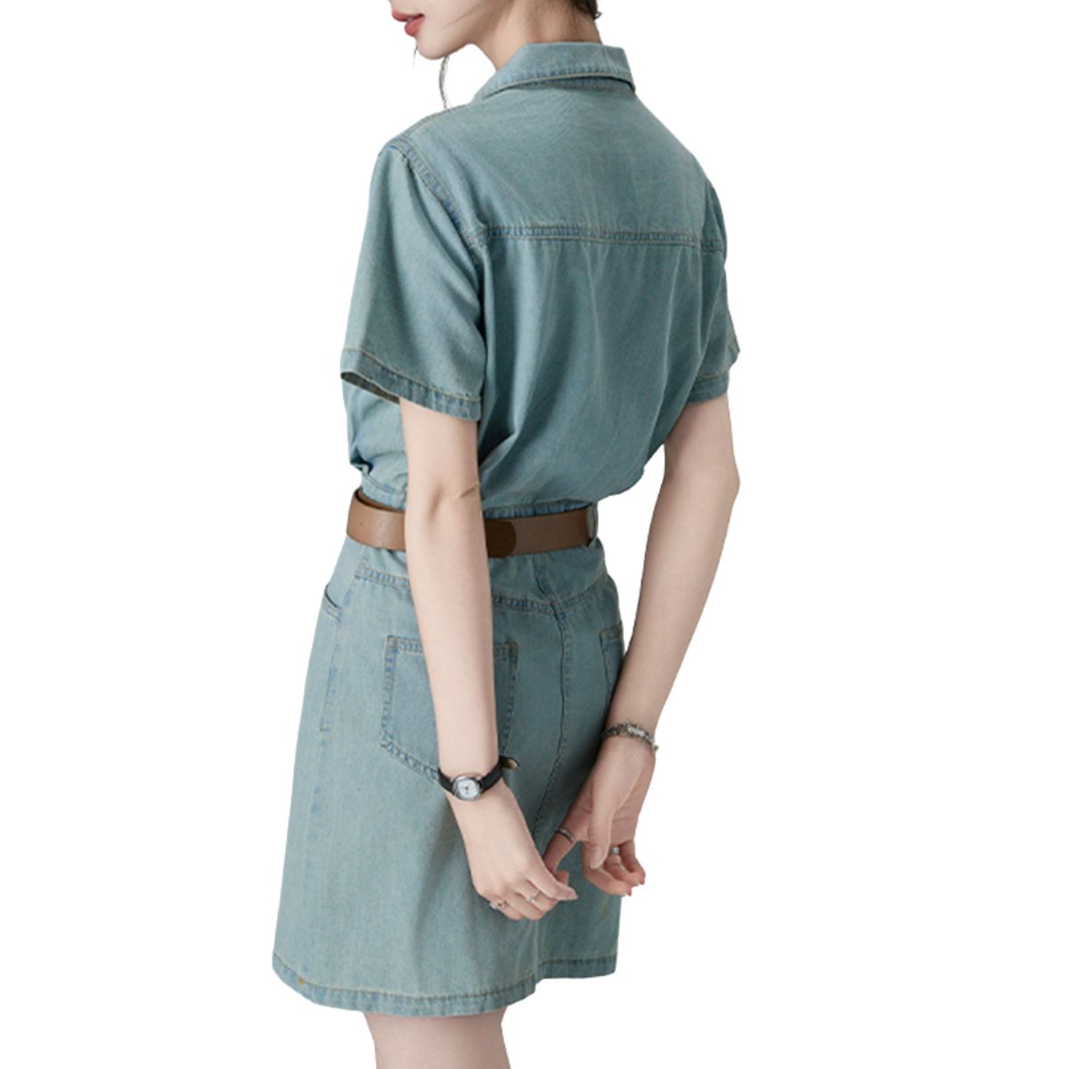 Pleated Short Sleeve Mini Denim Shirtdress
