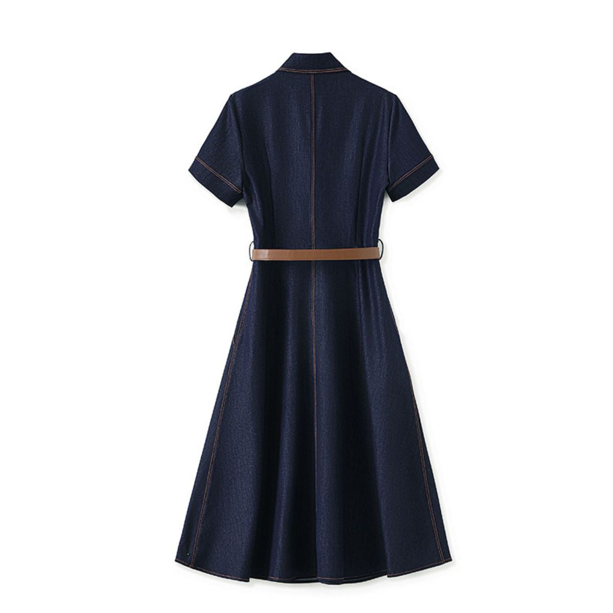 Short-Sleeve Belted Denim Knee-Length Shirtdress