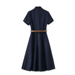 Short-Sleeve Belted Denim Knee-Length Shirtdress
