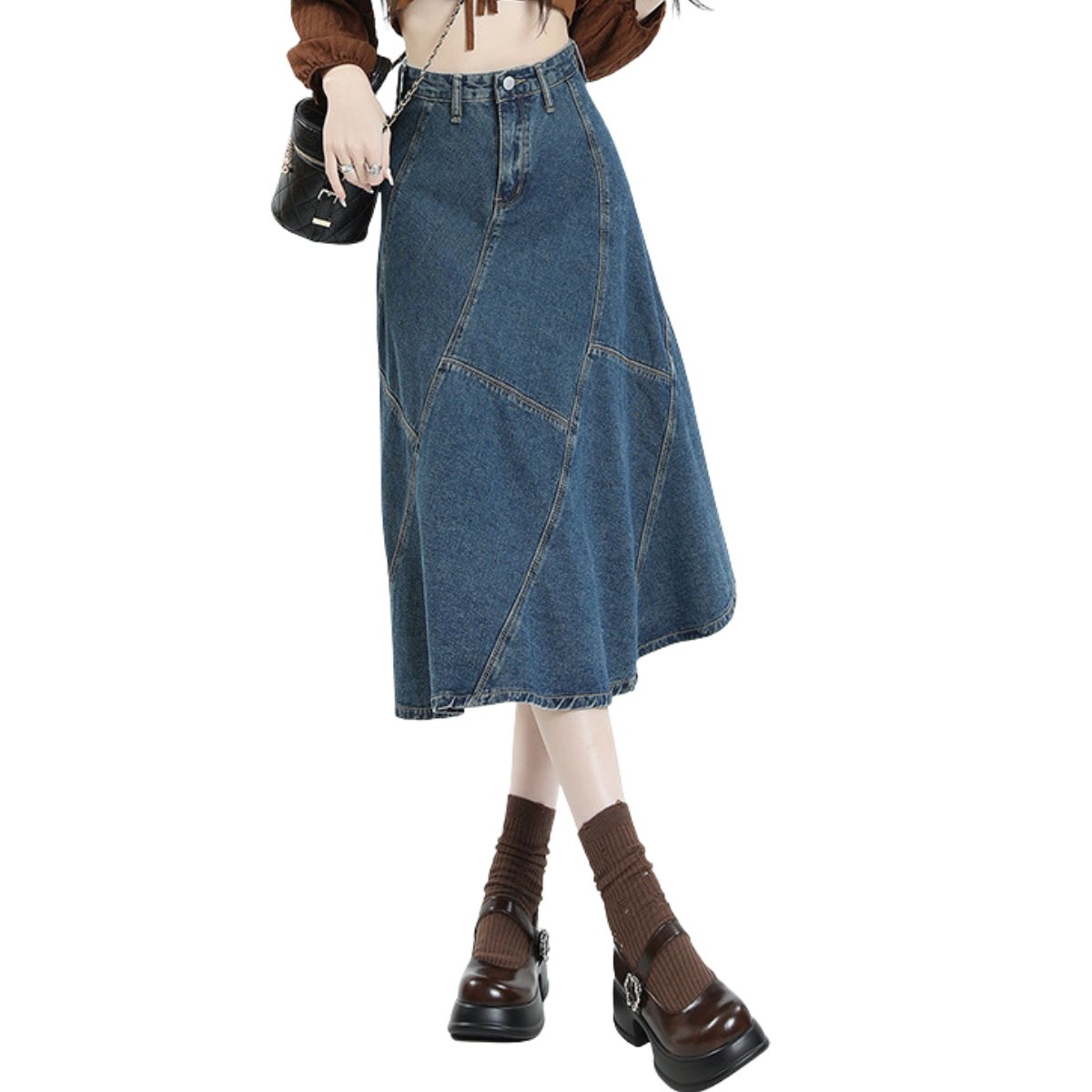 High-Rise Denim Midi Flounce Skirt