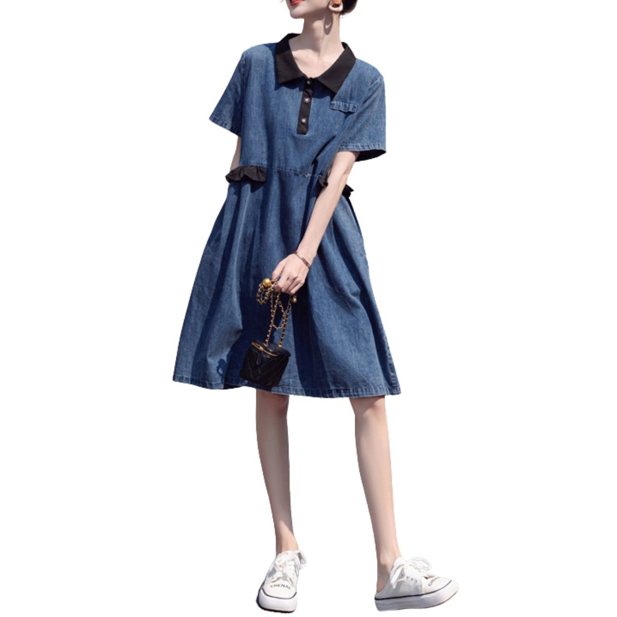 Patchwork Short-Sleeve Denim Shirtdress