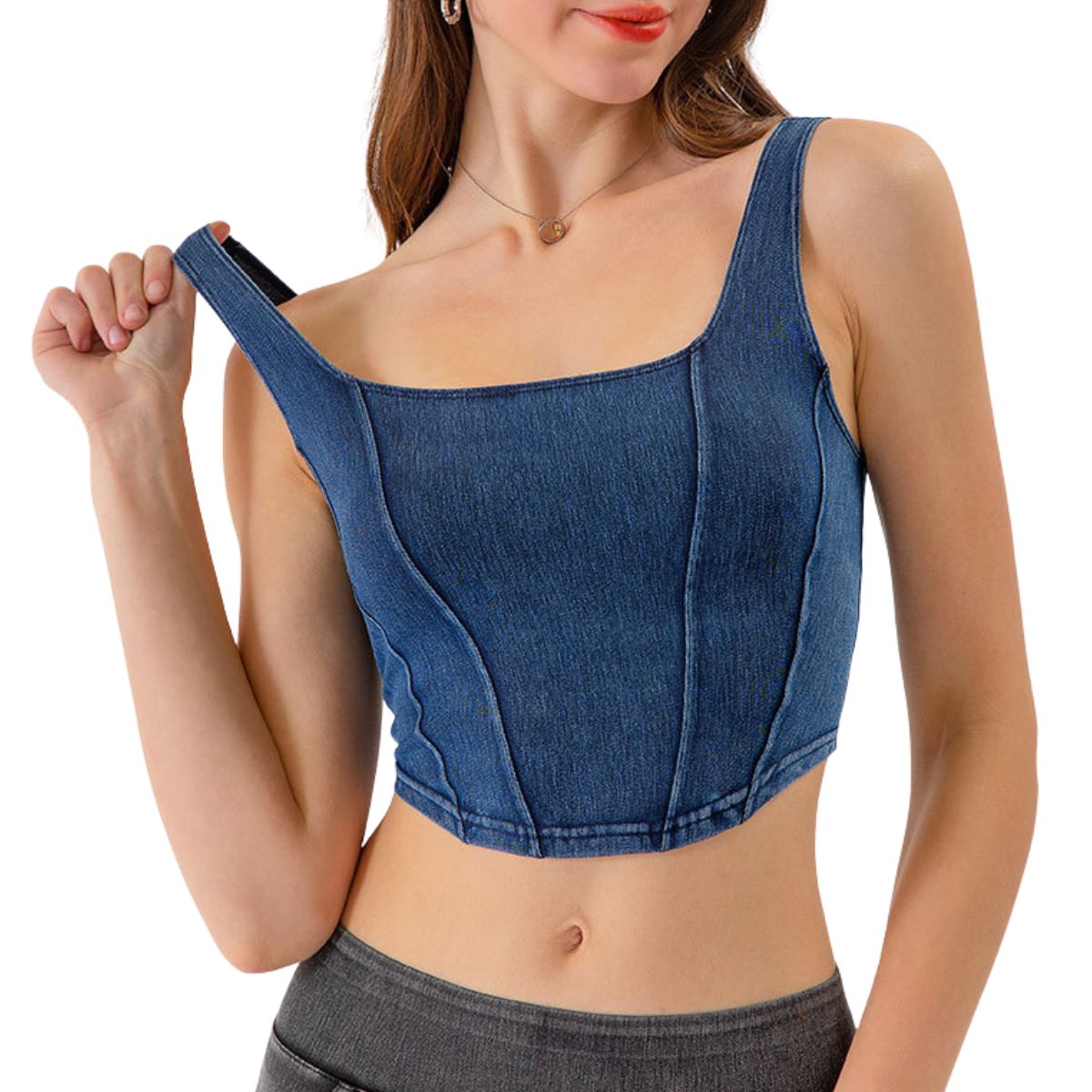 Knit Denim Square Neck Cropped Tank