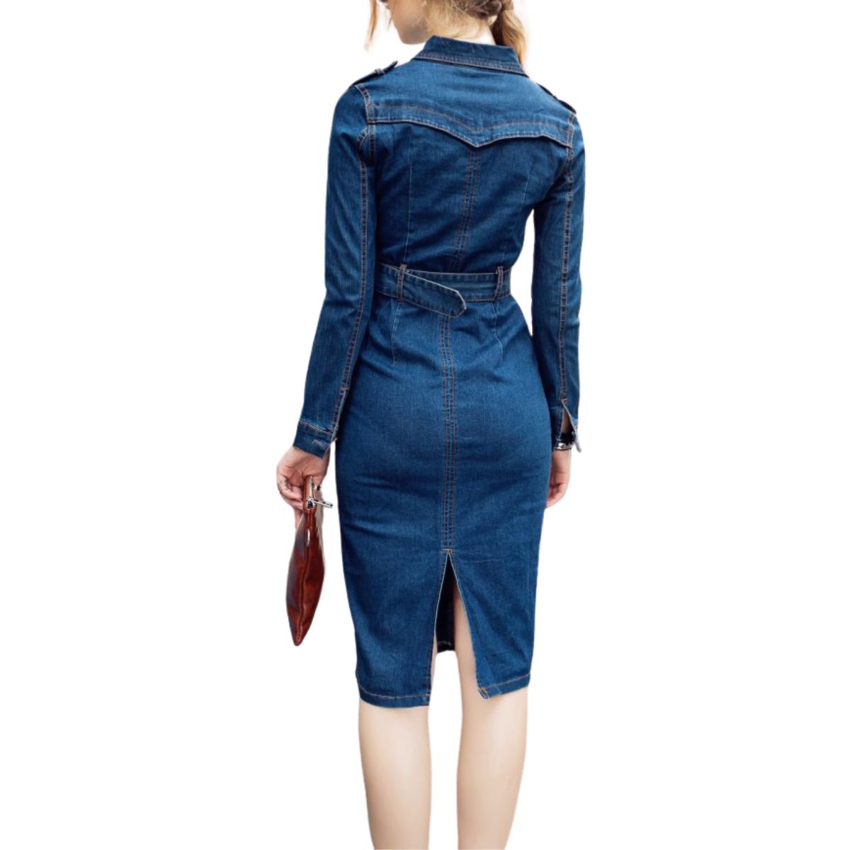 Long-Sleeve Button-Front Denim Midi Dress