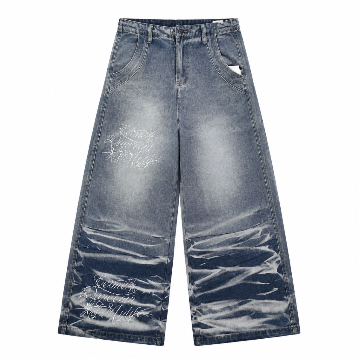 Washed Drawstring Wide Leg Denim Pants