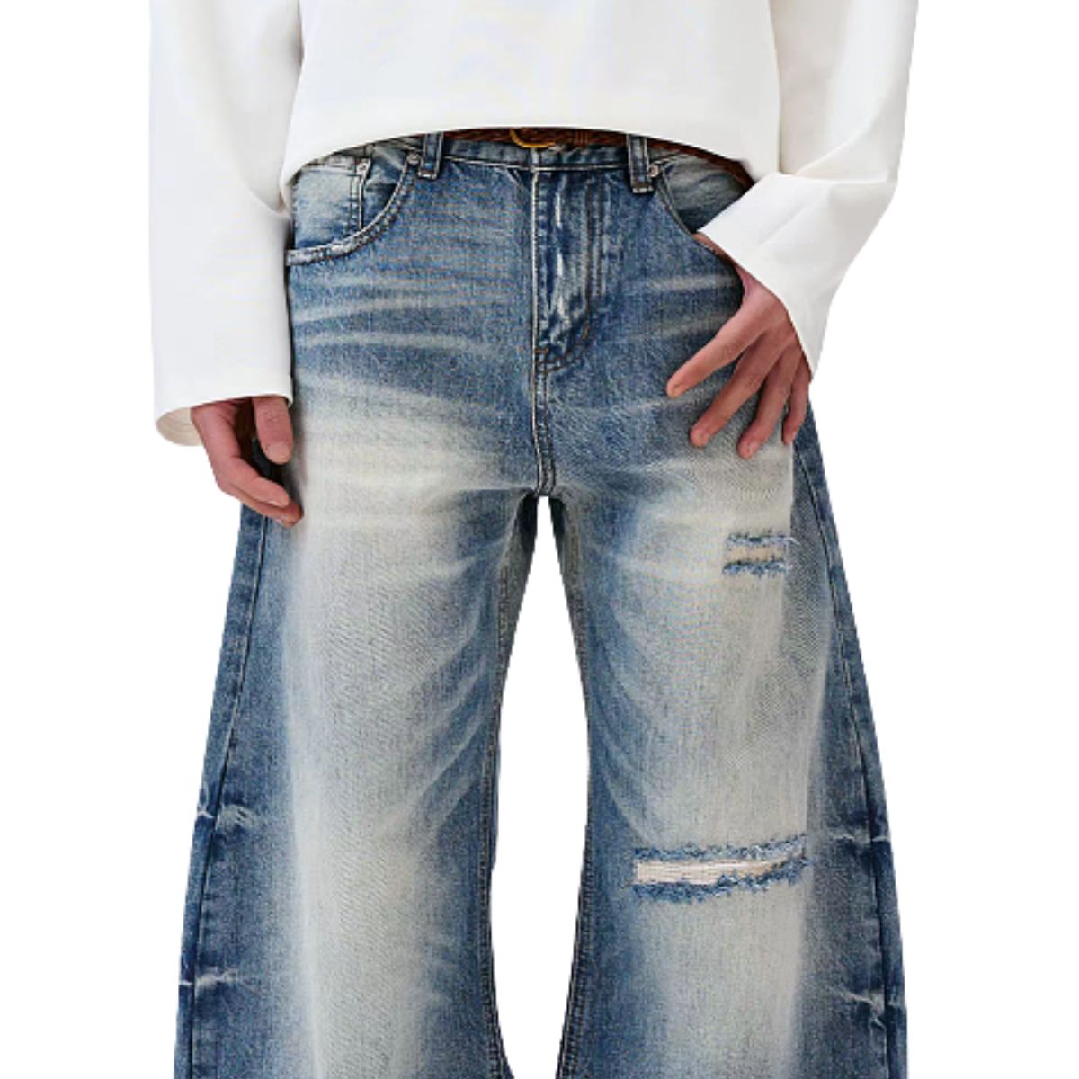 Washed Gradient Distressed Curved Leg Wide Denim Jeans