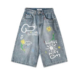 Graffiti Print Loose Fit Denim Shorts