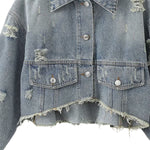 Asymmetrical Hem Cropped Ripped Denim Jacket
