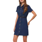 Button-Front Belted Denim Mini Shirtdress