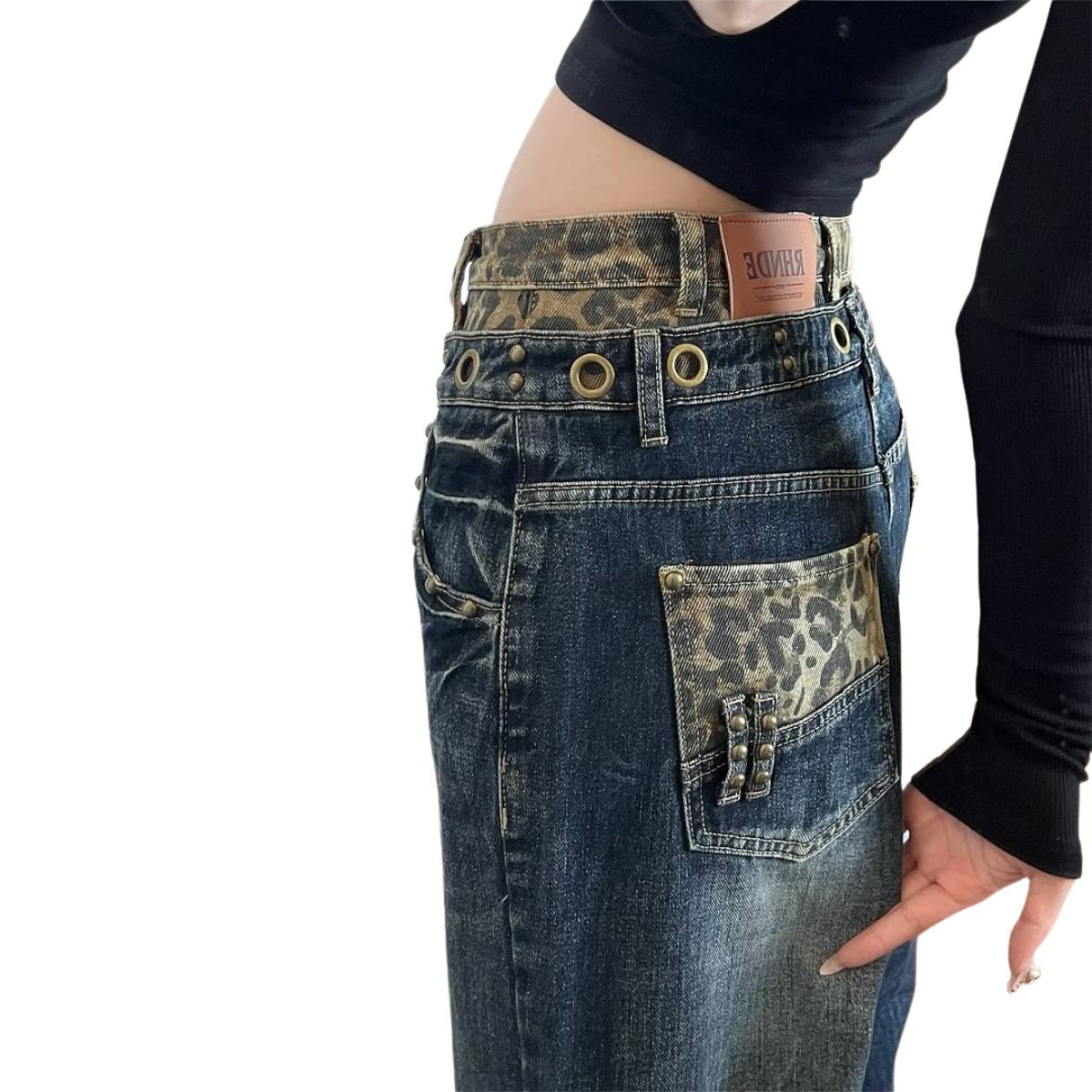 Vintage Washed Double-Waist Wide-Leg Denim Jeans