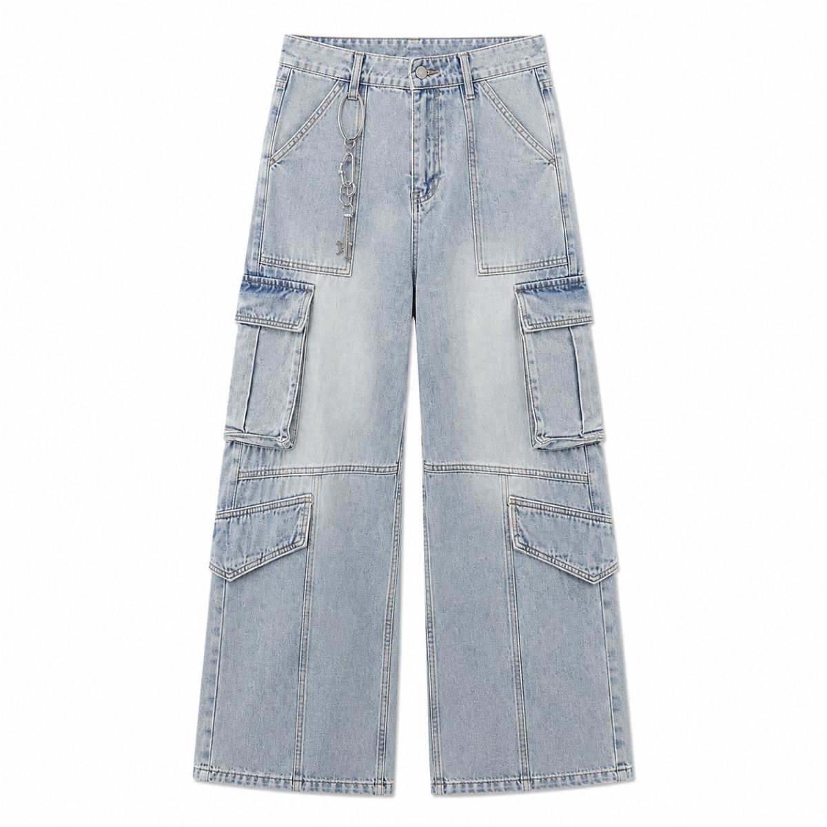 Vintage Wash Multi-Pocket Cargo Straight Leg Denim Jeans