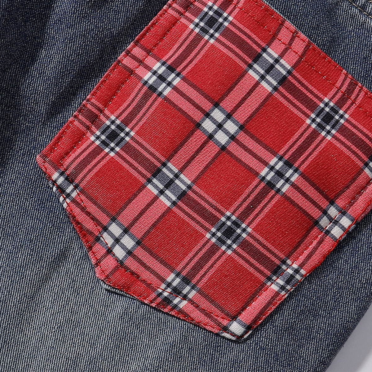 Plaid Patch Back Pocket Denim Shorts