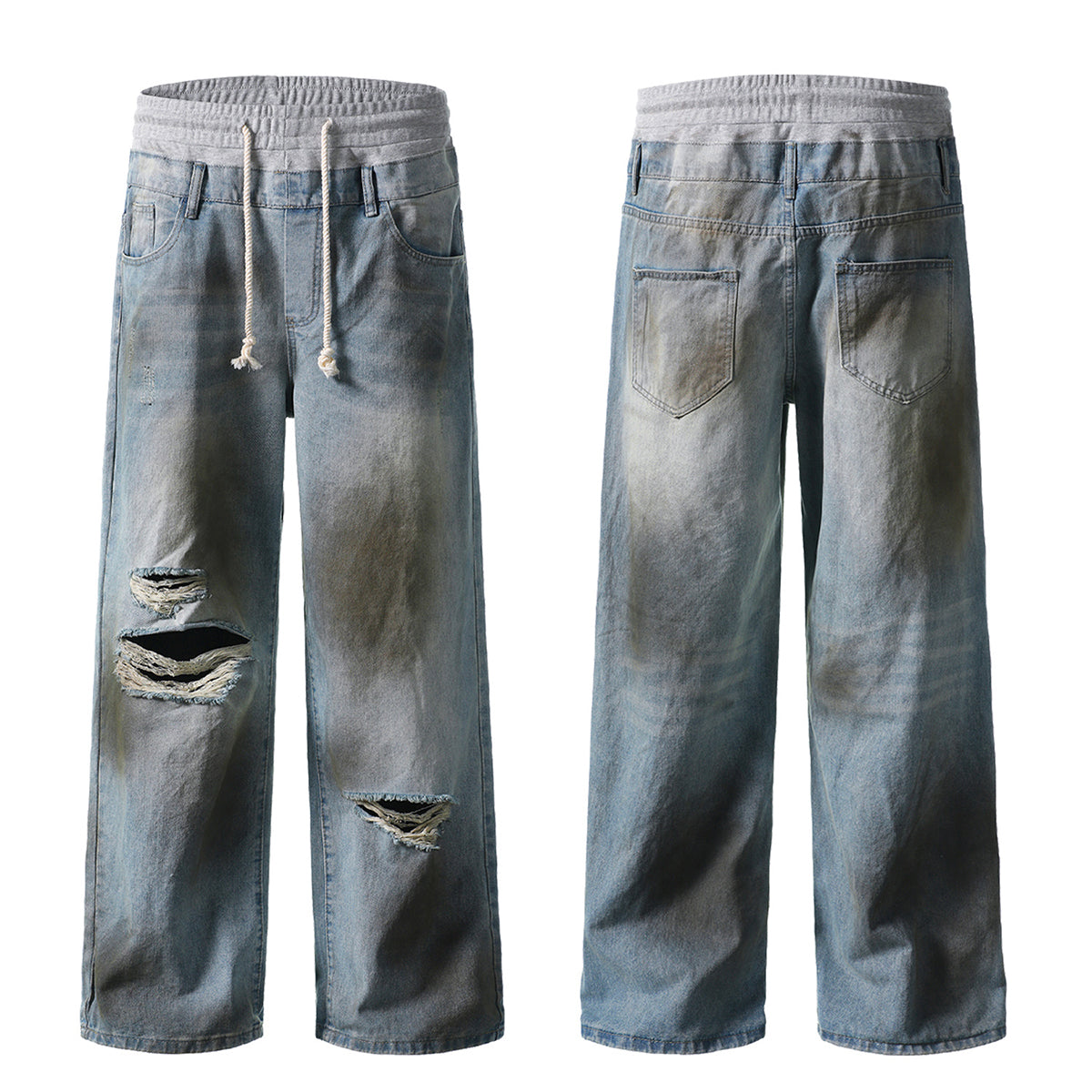 Vintage Wash Double-Waistband Ripped Jeans