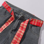Plaid Trim Star Patched Wide Leg Denim Jeans