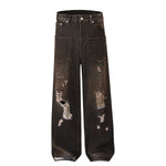 Acid Wash Destroyed Wide-Leg Jeans