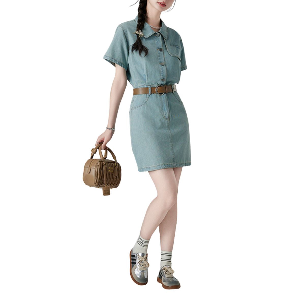 Pleated Short Sleeve Mini Denim Shirtdress
